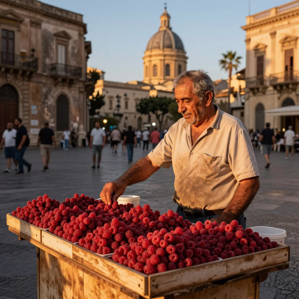 Sicilian street vendor selling raspberries in Palermo at sunset with brass accents in in Palermo, Italy