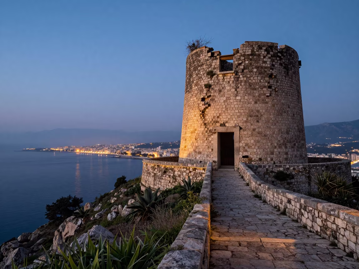 Sicilian Watchtower at Twilight Over Sea in in Sicily