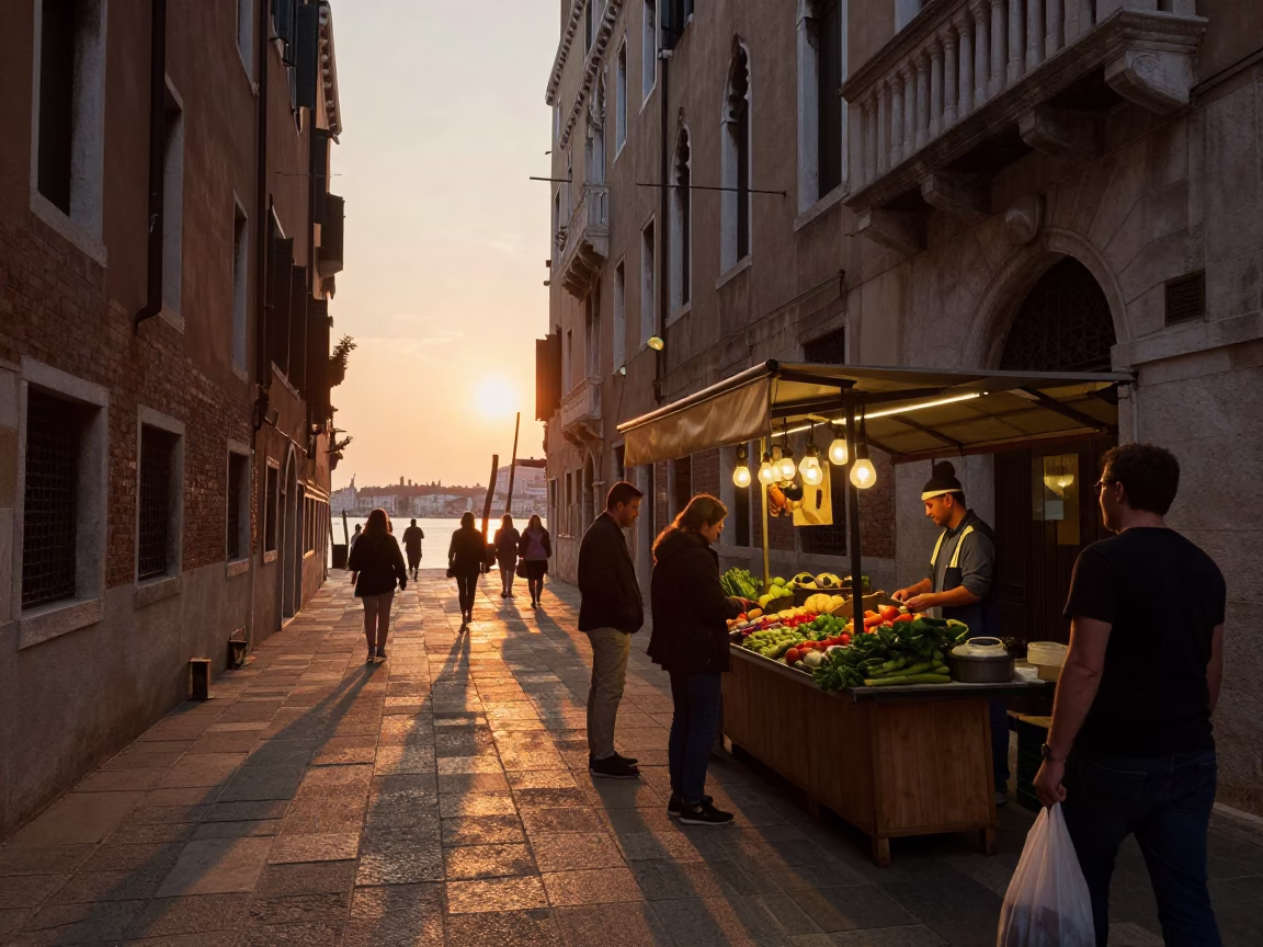Side Street in Venice at As The Sun Drops Toward The Horizon in in Venice, Italy