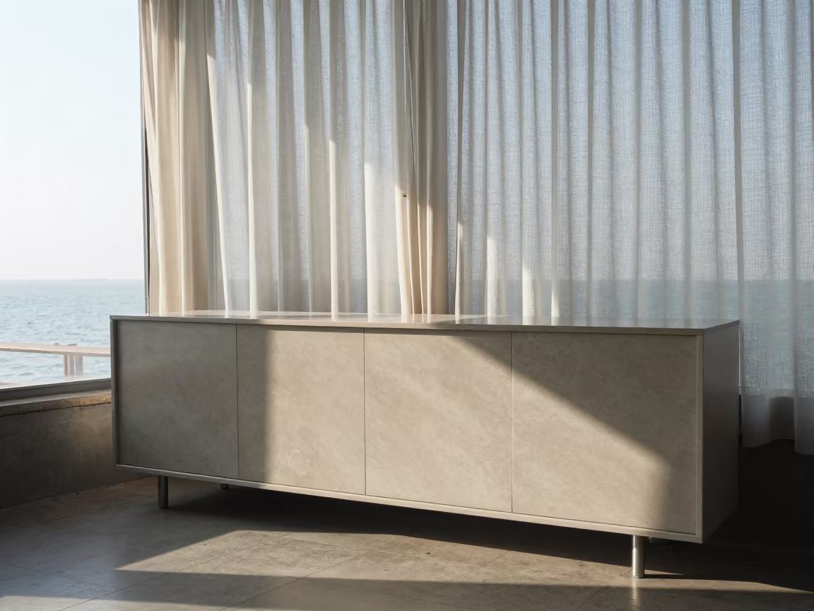 Sideboard on Karachi Pier with Wrong Shadows in on a pier railing in Karachi