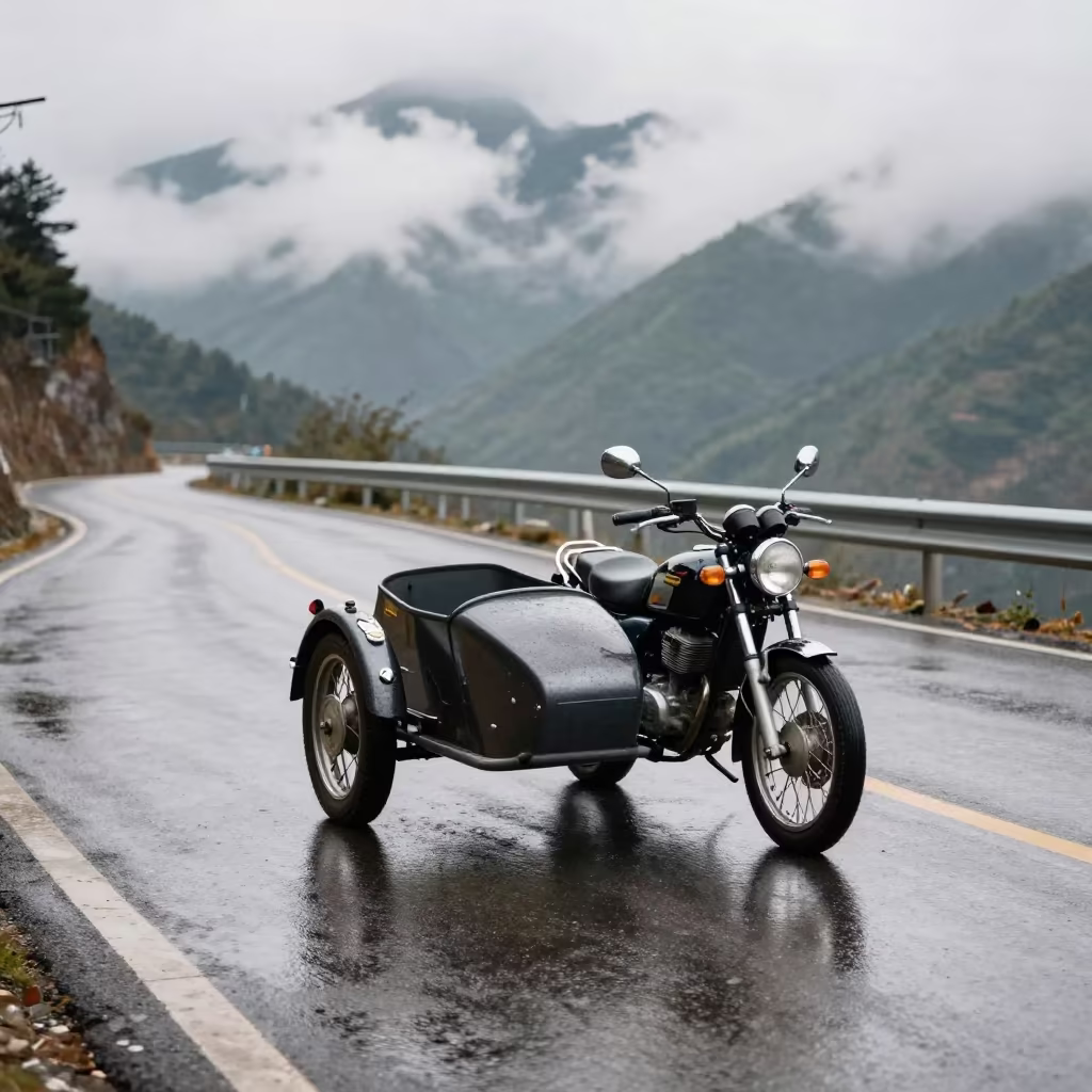 Sidecar Motorcycle on Yunnan Hairpin Bend in in Yunnan