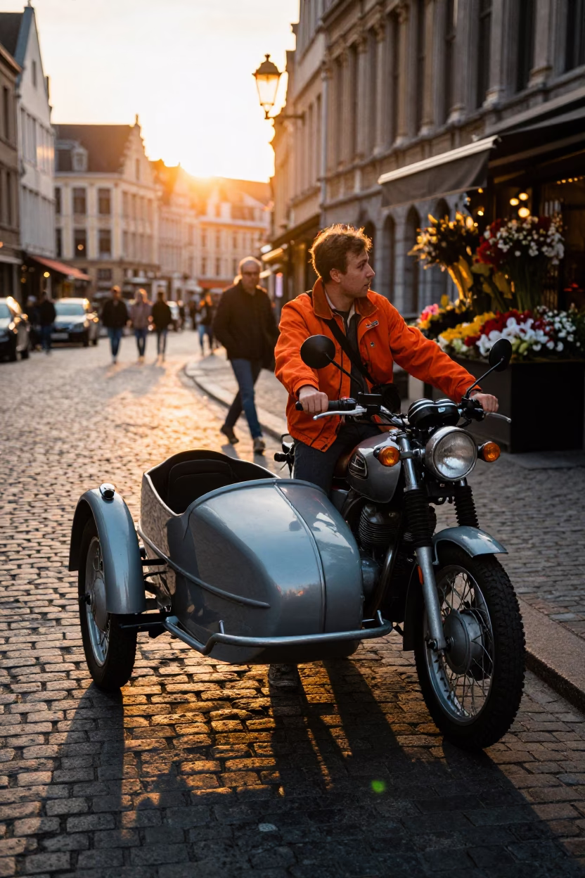 Sidecar Parked at Sunset Light in Brussels in in Brussels, Belgium