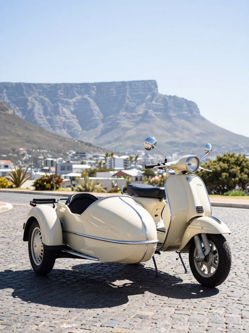 Sidecar Parked in Cape Town at Bright Midmorning Light in in Cape Town, South Africa
