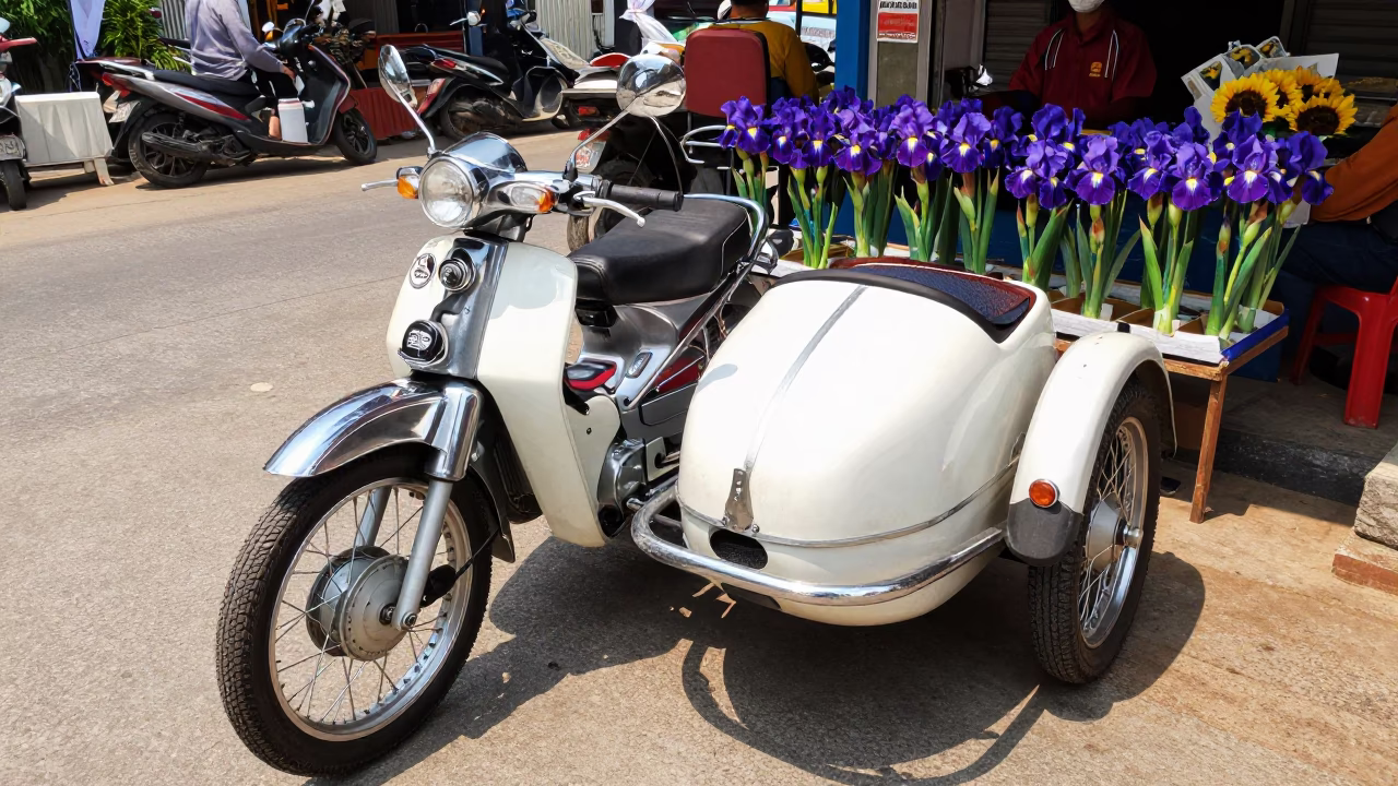 Sidecar Parked in Chiang Mai at Midday Light in in Chiang Mai, Thailand