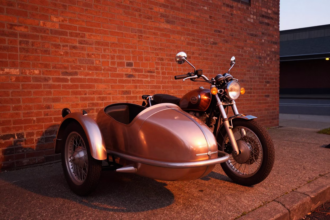 Sidecar Parked in Portland at Copper-toned Light Before Dusk in in Portland, Oregon, United States