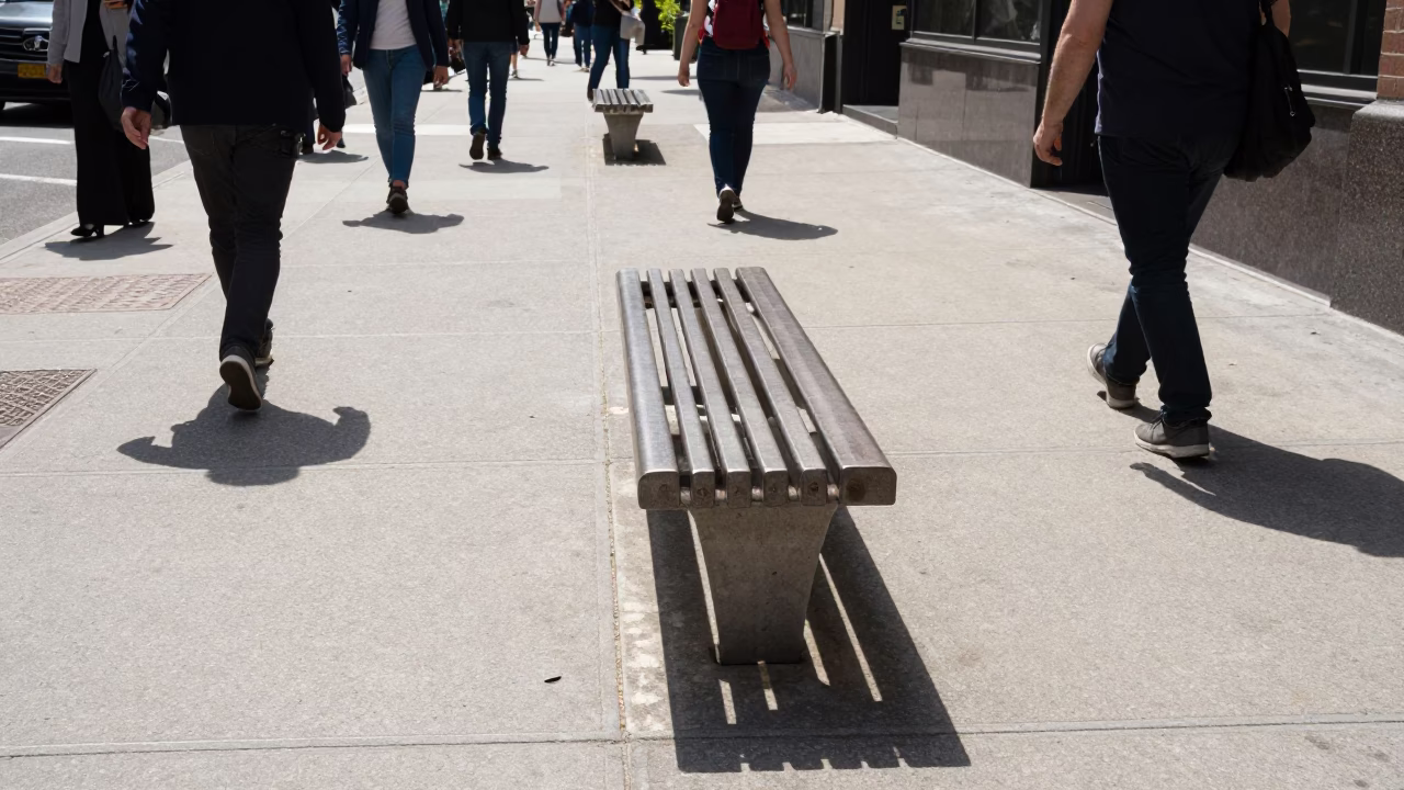 Sidewalk Bench in New York at The Flat Glare Of Noon Light in in New York, New York, United States