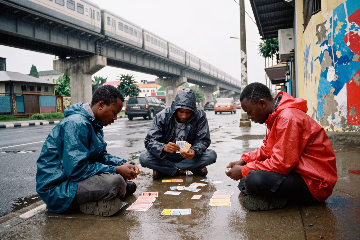 Sidewalk Card Game Under Benin Train Line in under an elevated train line in Benin City