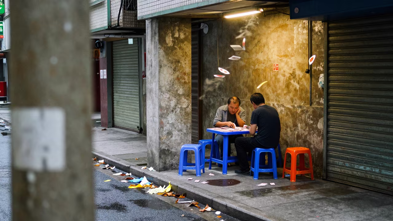 Sidewalk Card Game Under Guangzhou Flickering Light in beneath a flickering underpass light in Guangzhou