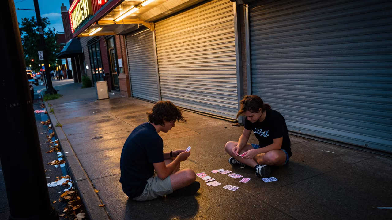 Sidewalk Card Game in Minneapolis Evening Rain in along a shuttered arcade in Minneapolis