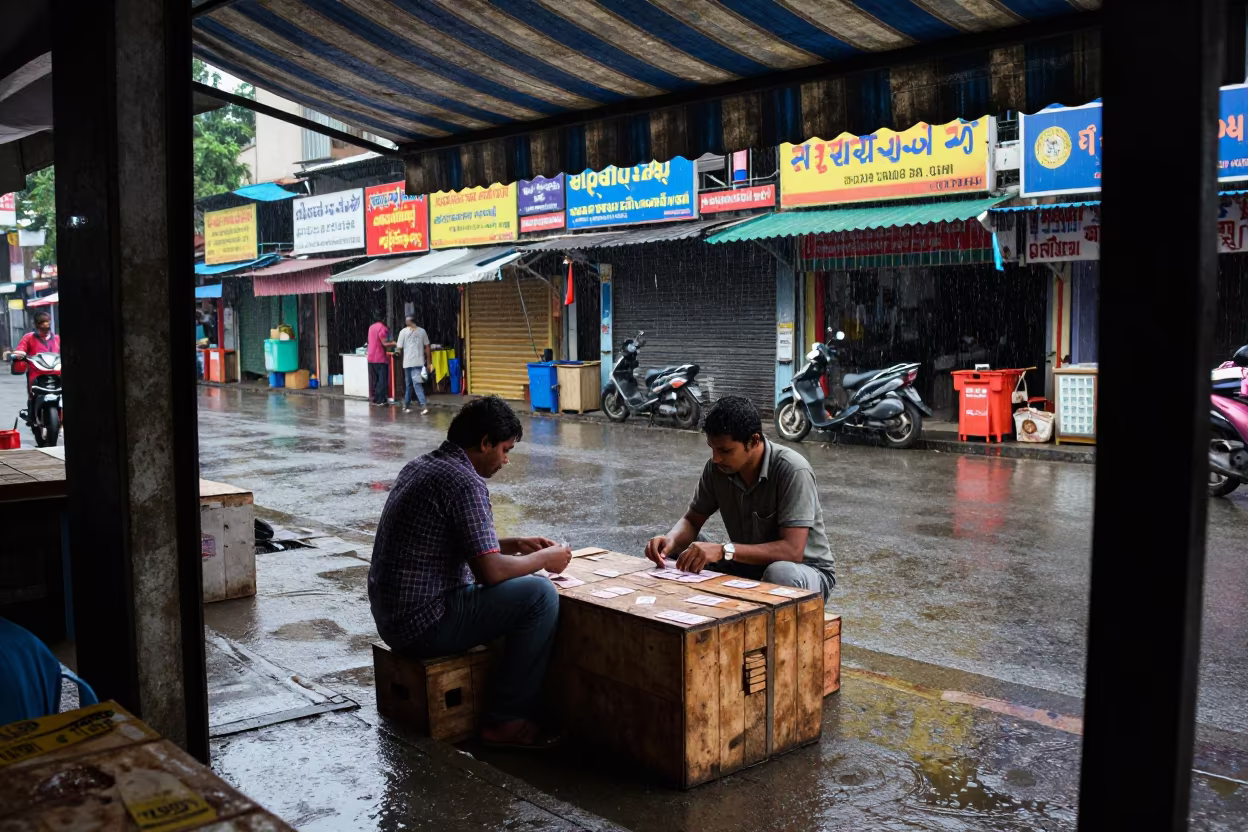 Sidewalk Card Game Under Shop Awning Hyderabad in along a market-lined side street in Hyderabad