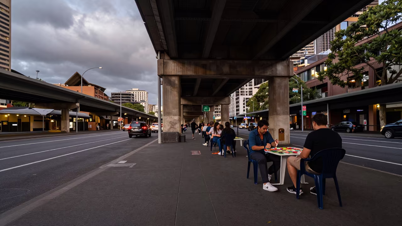 Sidewalk Card Game Under Sydney Overpass in outside a corner cafe in Sydney