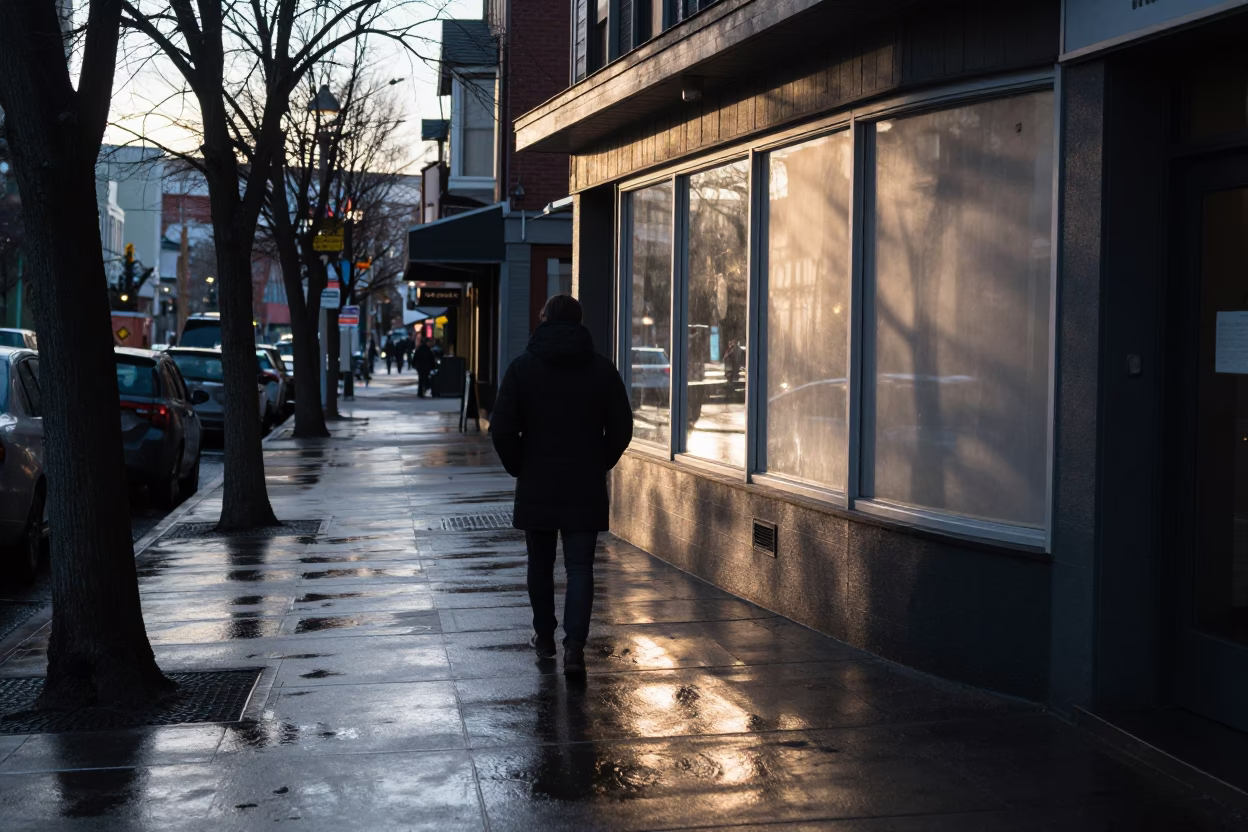 Sidewalk Reflections in Portland at Early Morning Light in in Portland, Oregon, United States