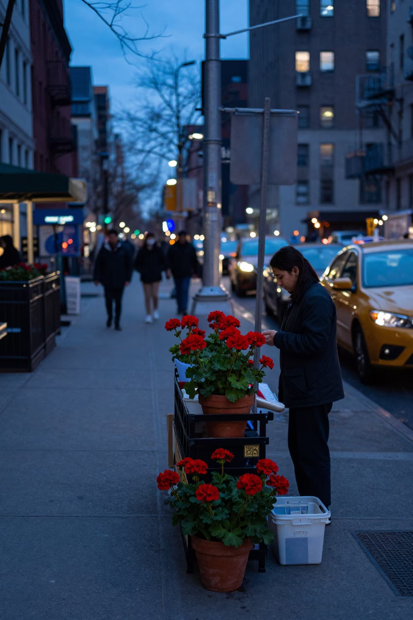 Sidewalk Scene at The Last Blue Light Of Evening in New York in in New York, New York, United States