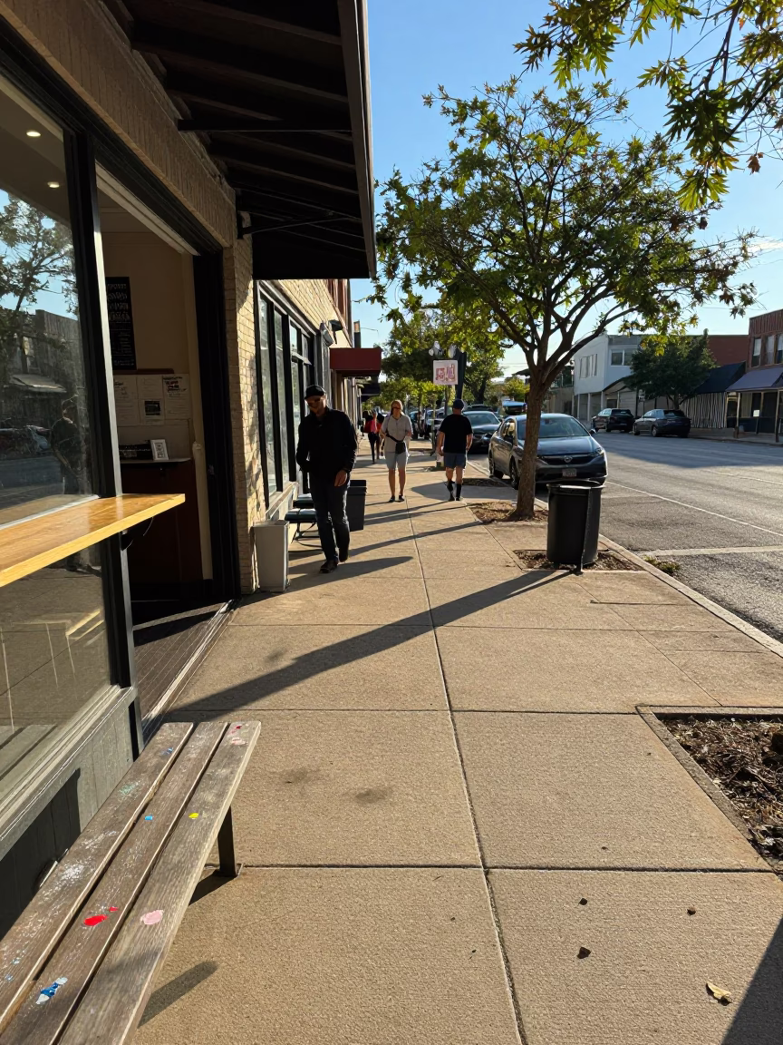 Sidewalk Scene in Austin at Clear Late-afternoon Light in in Austin, Texas, United States