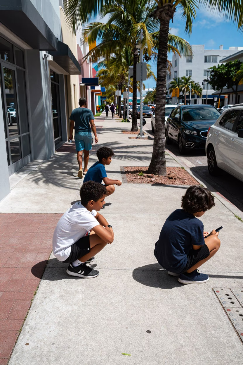 Sidewalk Scene in Miami at The Flat Glare Of Noon Light in in Miami, Florida, United States