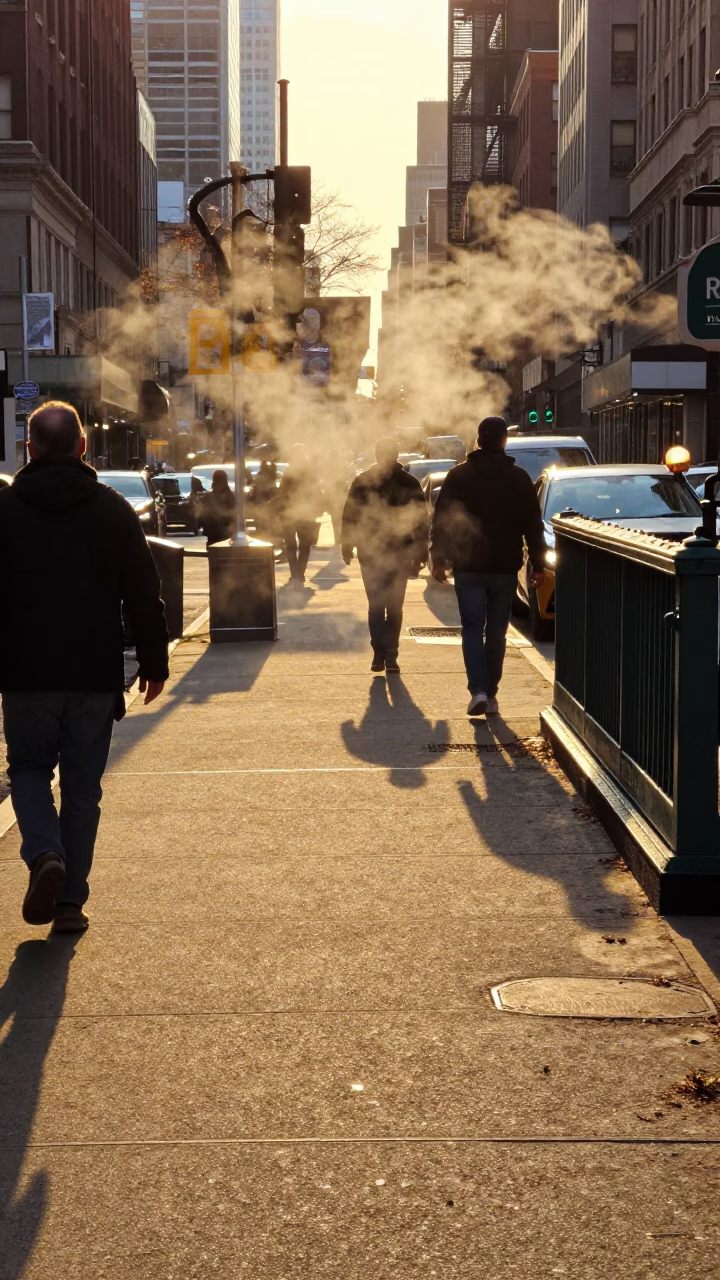 Sidewalk Scene in New York at Honeyed Evening Light in in New York, New York, United States