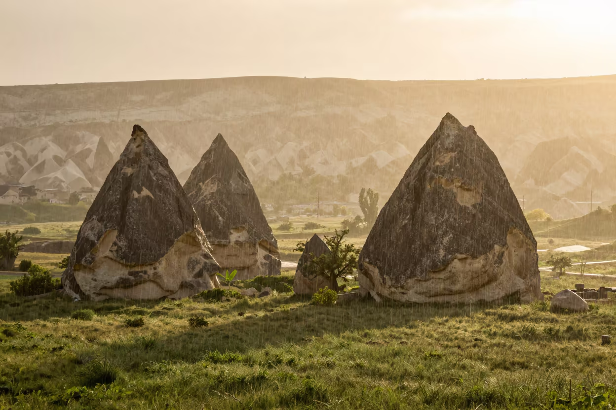 Sideways Rain Across Cappadocia Sunrise Prairie in in Cappadocia
