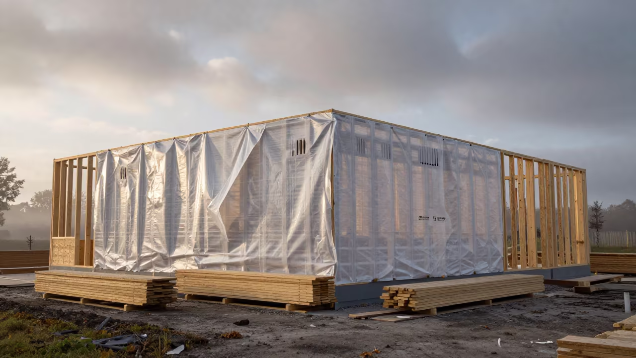 Siding Installation Dawn Mist Autumn Linz in beside a framed building shell near Linz
