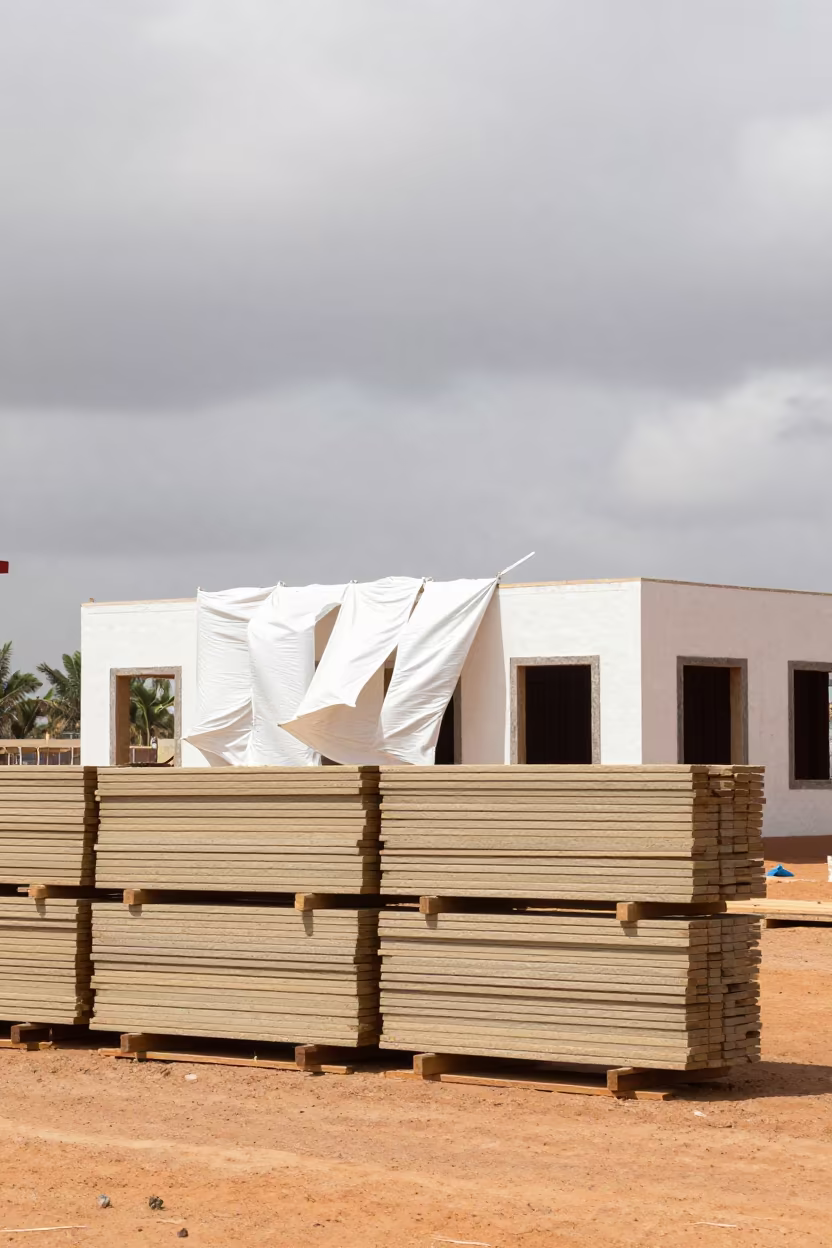 Siding Planks and Wrap in Niger Noon Light in beside a framed building shell in Niger