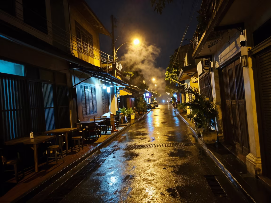 Siem Reap Alley Night Rain Steam in outside a corner cafe in Siem Reap