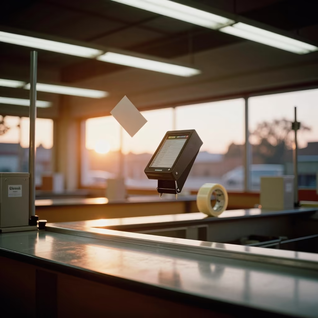 Siena Checkout Floating Detacher Under Amber Light in at a checkout lane under flat store light in Siena