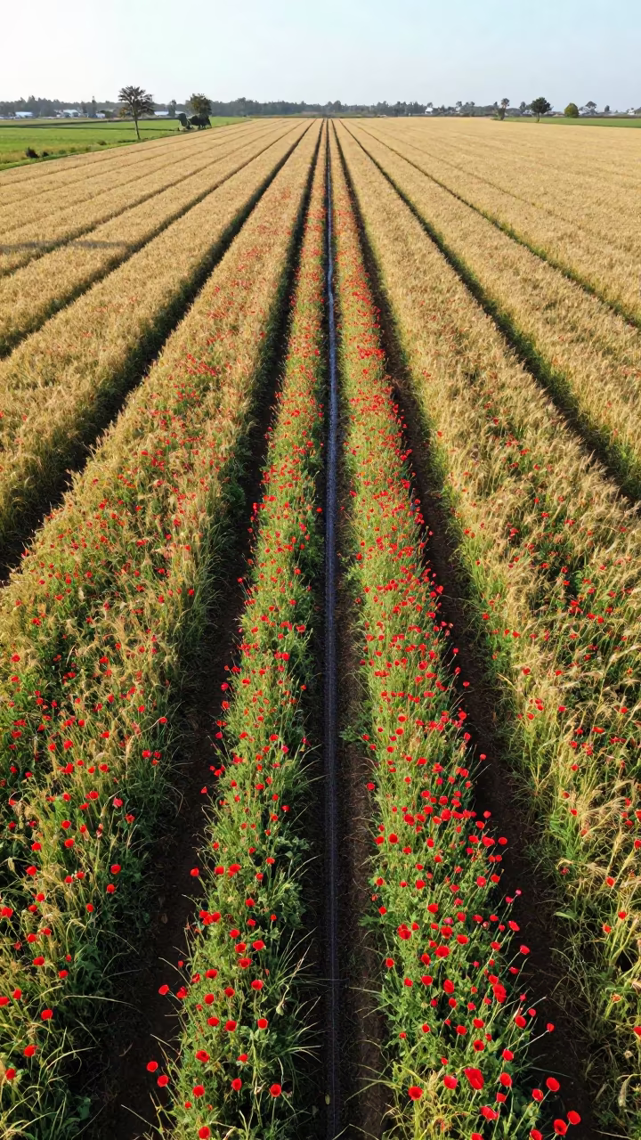 Sierra Leone Poppy Wheat Fields Aerial View in beside a tractor track through dark soil in Sierra Leone