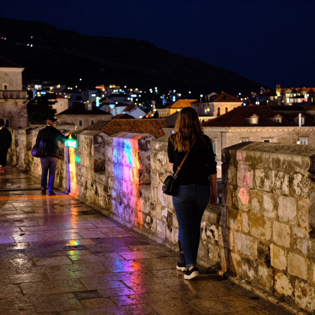 Sign Reflections in Dubrovnik at Midnight Light in in Dubrovnik, Croatia