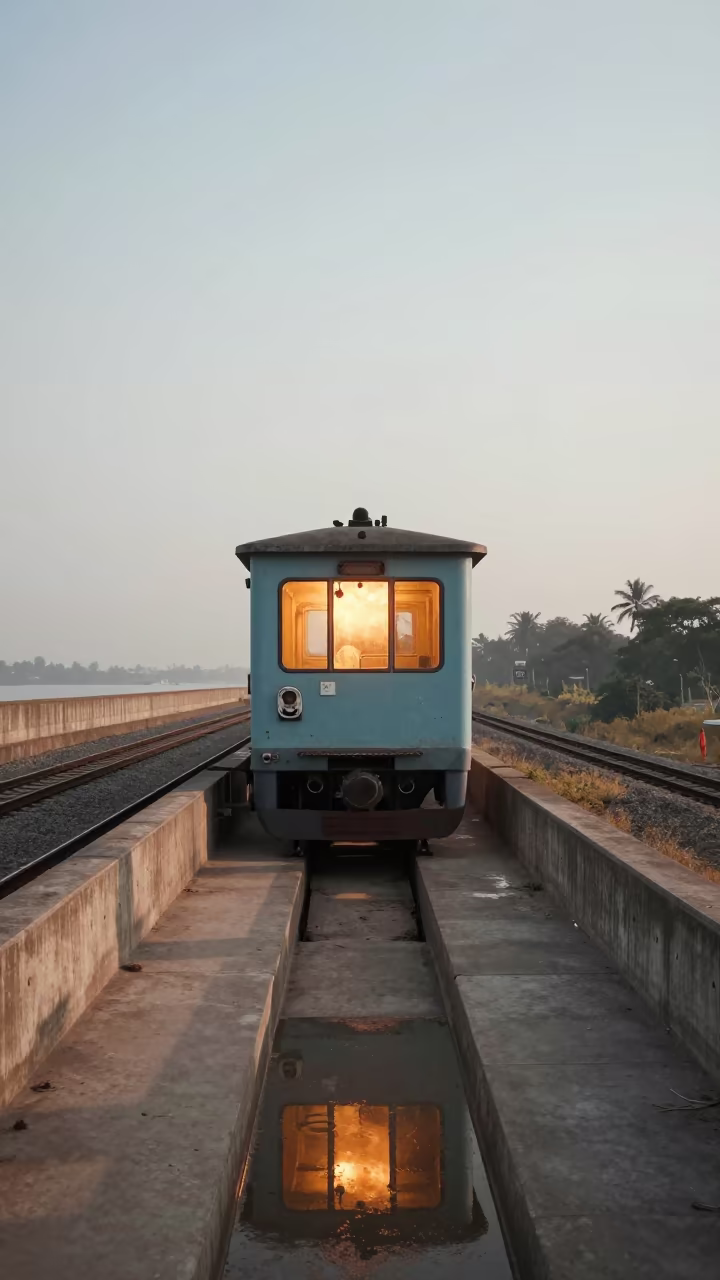 Signal Cabin Window Glows Over Last Train at Kochi Dam in along a dam spillway in Kochi