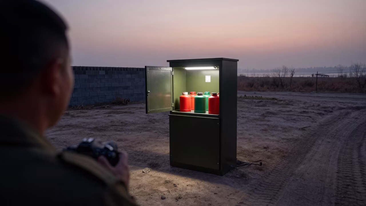 Signal Flare Cabinet in Twilight Shadow in beside a convoy halt on open ground near Ningbo