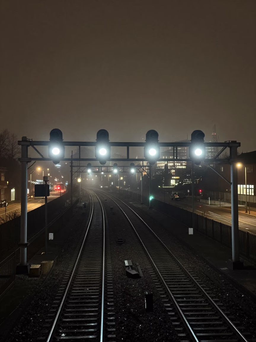 Signal Gantry Above Parallel Rail Lines in Liverpool in in Liverpool, United Kingdom