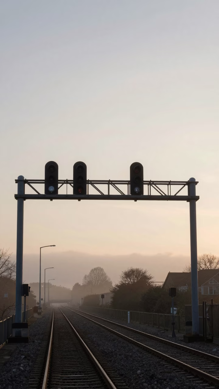 Signal Gantry and Misty Rail Lines at Nautical Dawn in Bristol United Kingdom in in Bristol, United Kingdom