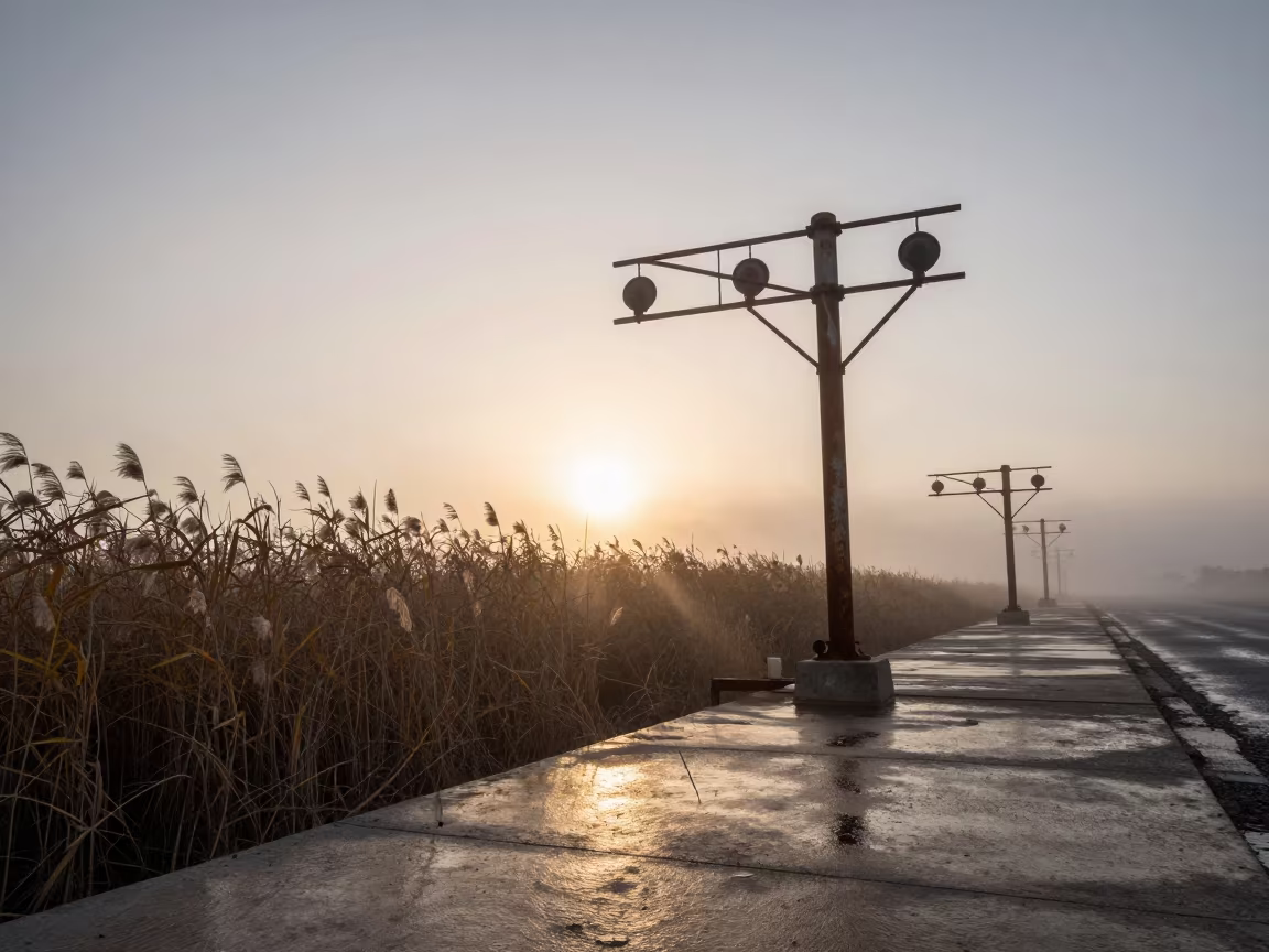 Signal Gantry at Dawn Over Afghan Marsh in along a levee path above floodwater in Afghanistan