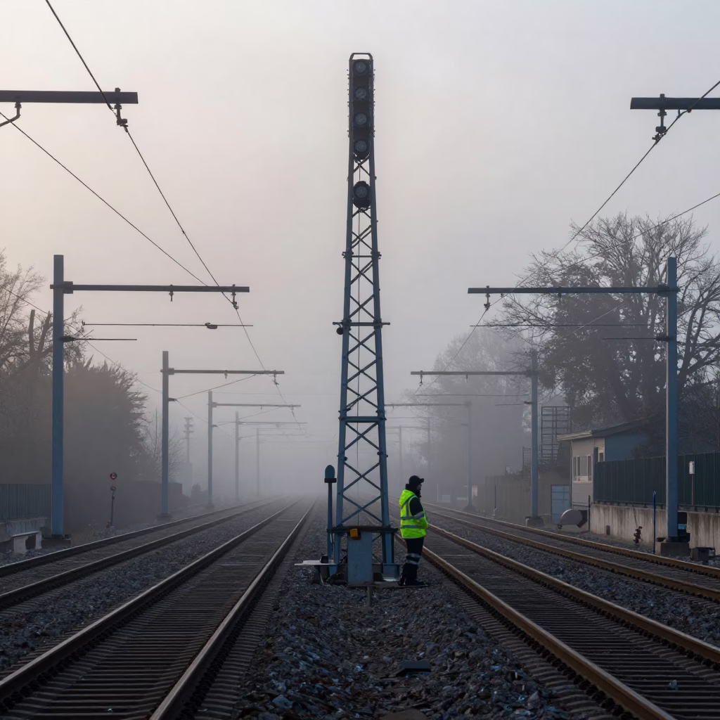 Signal Gantry in Lyon at Sunrise Light in in Lyon, France