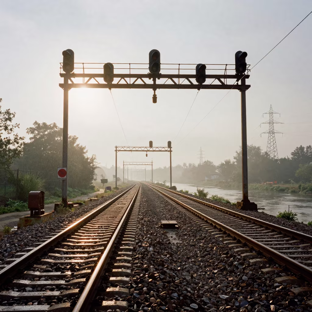 Signal Gantry Looms Over Rails in Bulgarian Fog in beneath transmission towers in Bulgaria