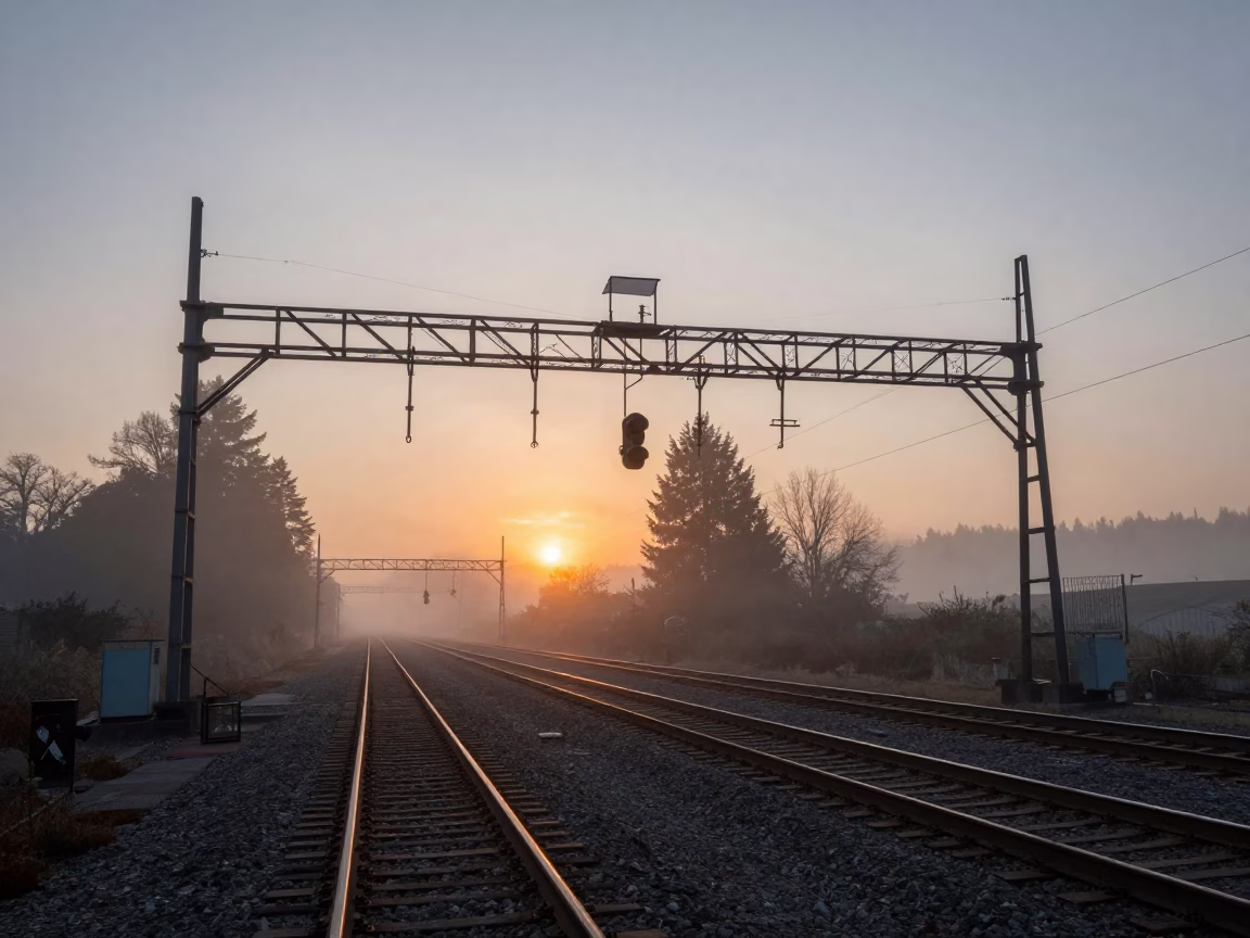 Signal Gantry Over Rail Lines in Mist at Sunset in Portland Oregon in in Portland, Oregon, United States