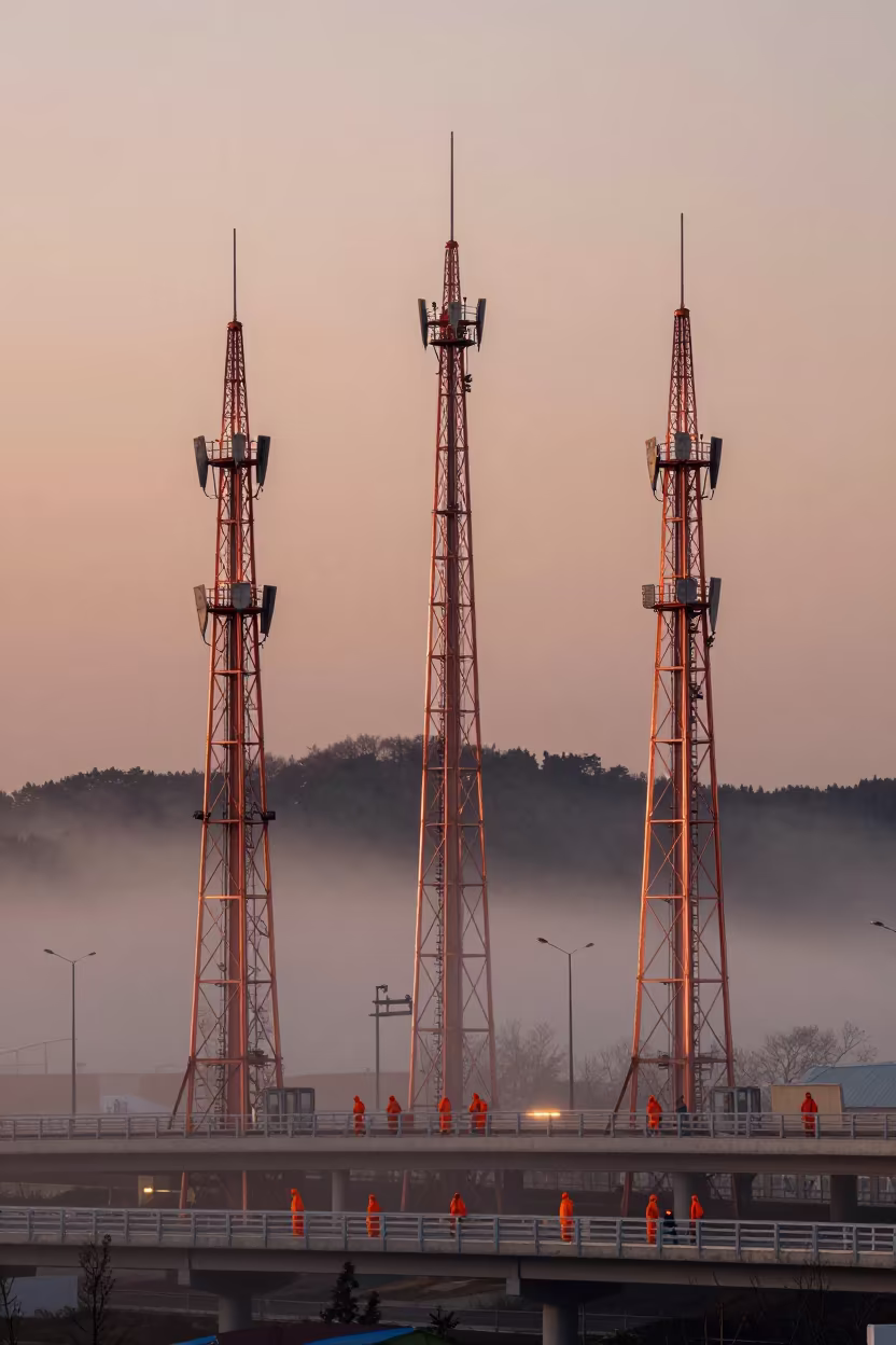 Signal Gantry Overworkers Incheon Overpass Before Dusk in across a windy overpass interchange near Incheon