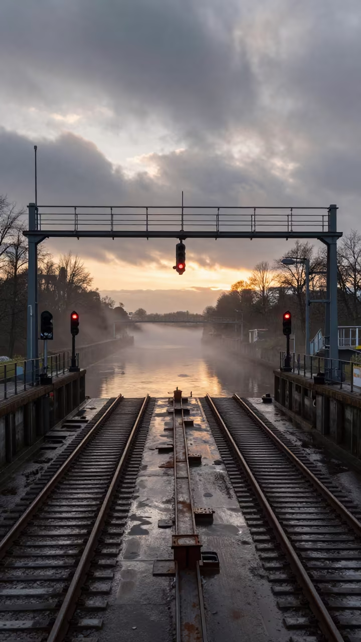 Signal Gantry Over Rails in River Fog in at a canal lock chamber in Bremen
