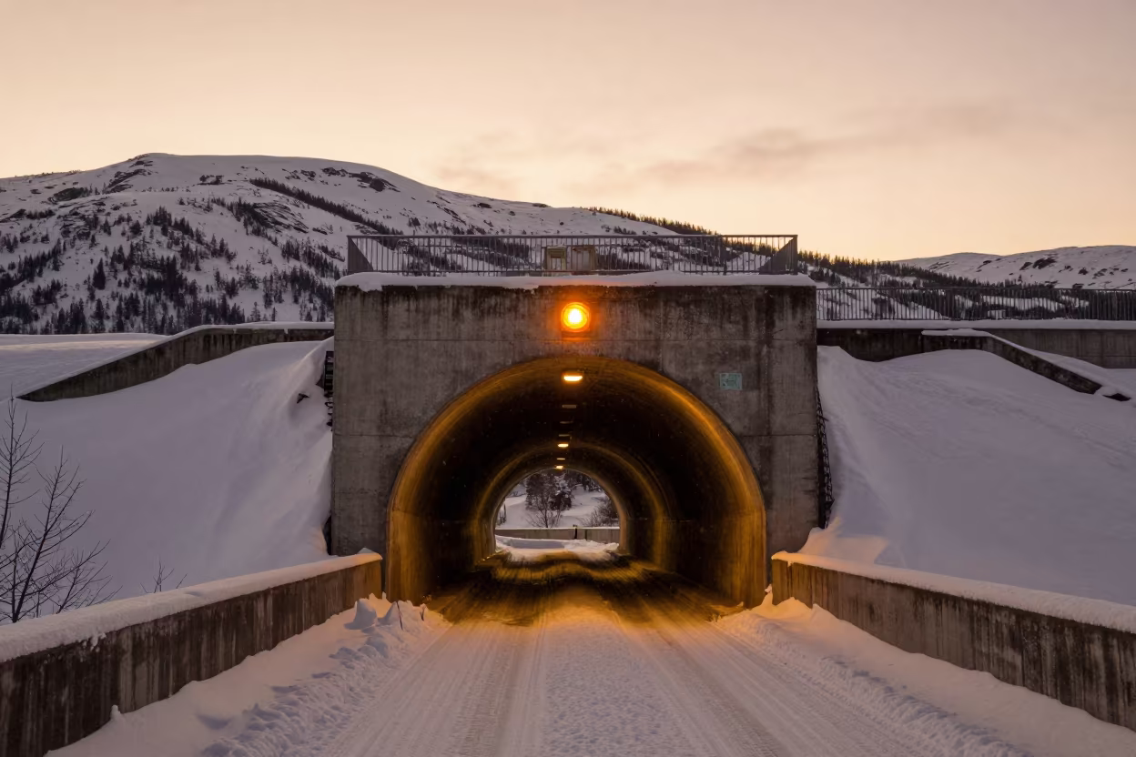 Signal Lamp in Golden Hour Mountain Snow Finland in along a dam spillway in Finland