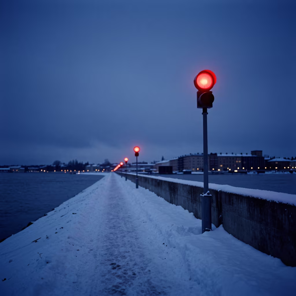 Signal Lamp Silhouette on Helsinki Levee in along a levee path above floodwater in Helsinki