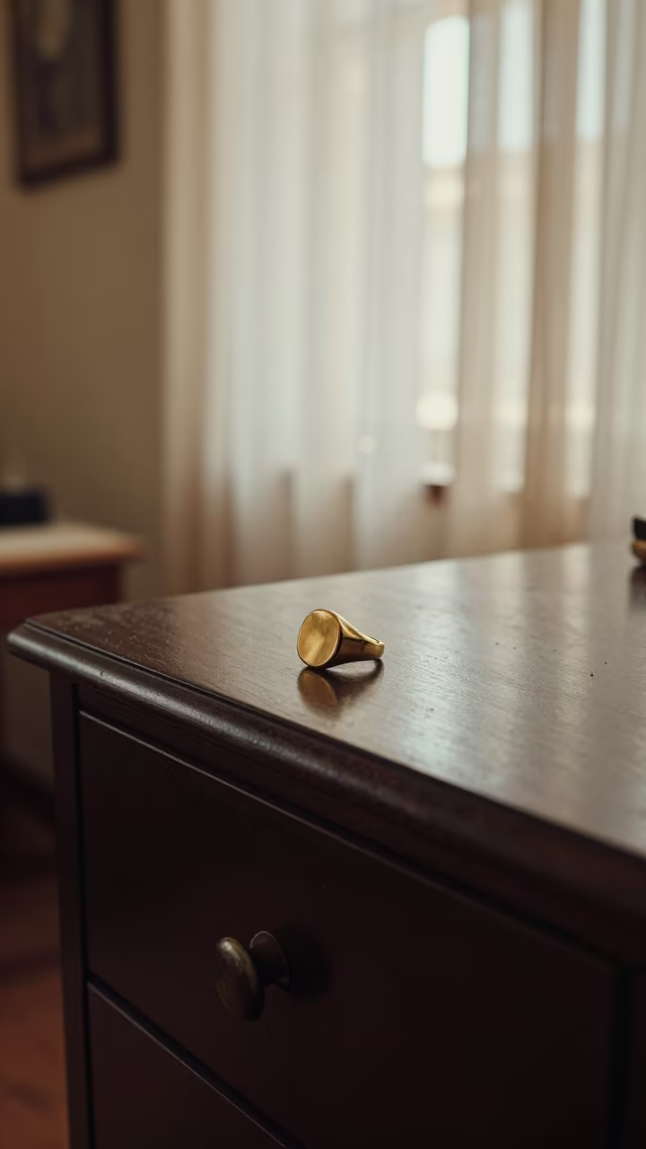 Signet Ring on Lacquered Dresser Midday Light in inside a goldsmith workshop behind the market lane in Koudougou