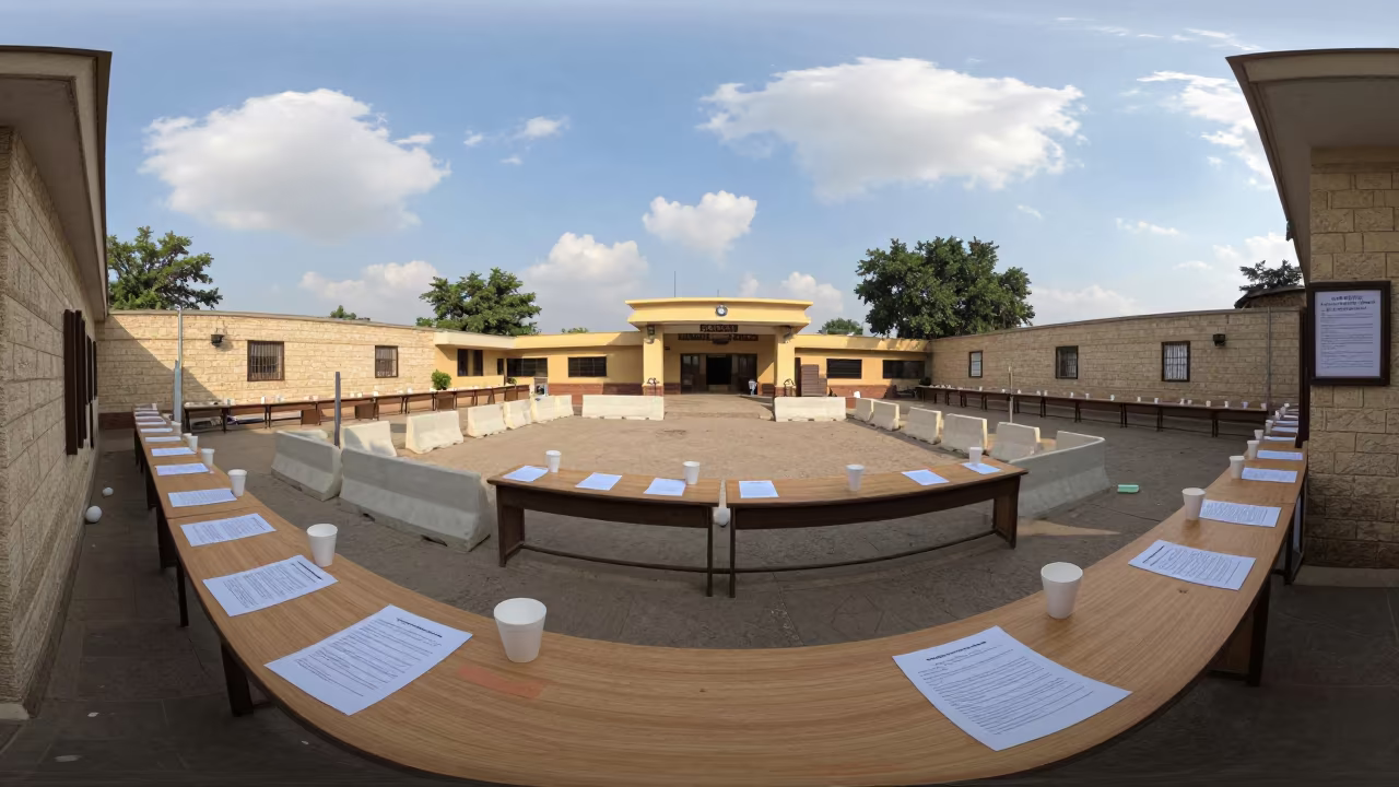 Signs and Cups in Sambhal Courthouse Room in along barricaded protest routes near Sambhal