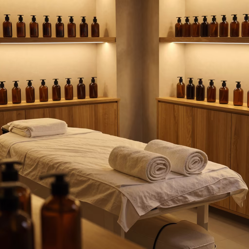 Siirt Beauty Bed Amber Bottles Golden Hour in in a beauty supply area under white LEDs in Siirt