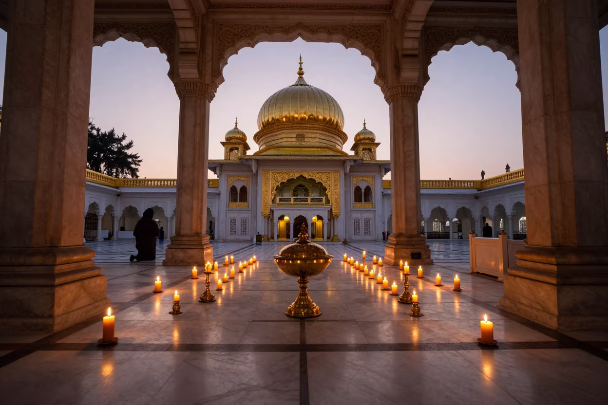 Sikh Golden Dome Candlelit Nave Sunset Beijing in inside a candlelit nave in Qianmen, Beijing