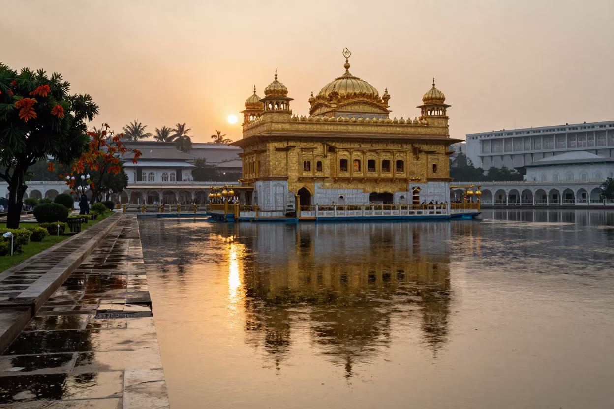 Sikh Golden Temple Reflected in Rainy Pool in in a cloister garden near Senopati, Jakarta