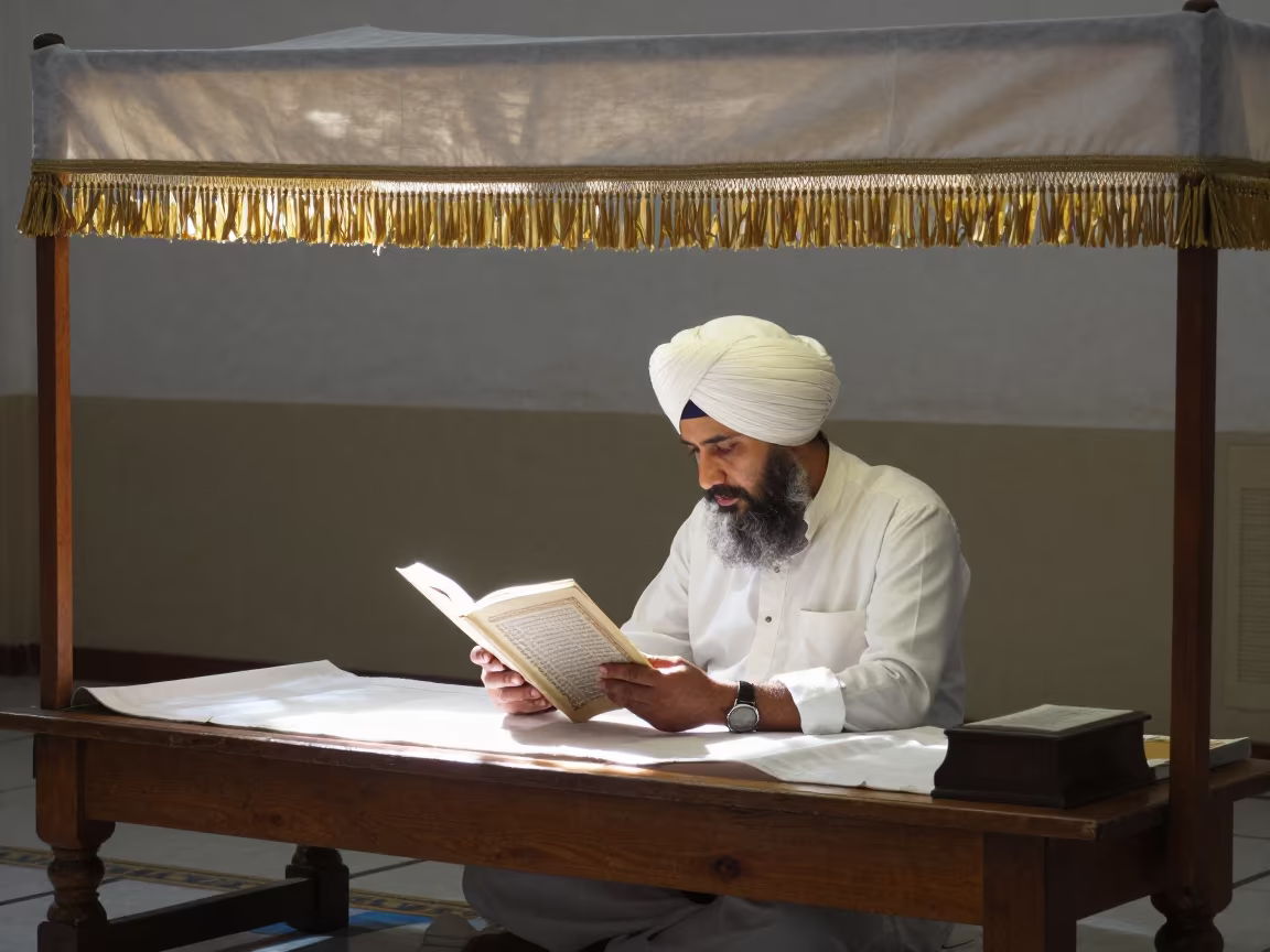 Sikh Granthi Reading Guru Granth Sahib Hefei in on a wooden workbench in Hefei