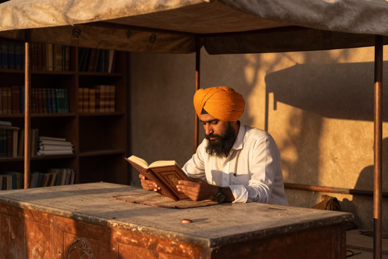 Sikh Granthi Reading Guru Granth Sahib in on a dusty library table in Vadodara