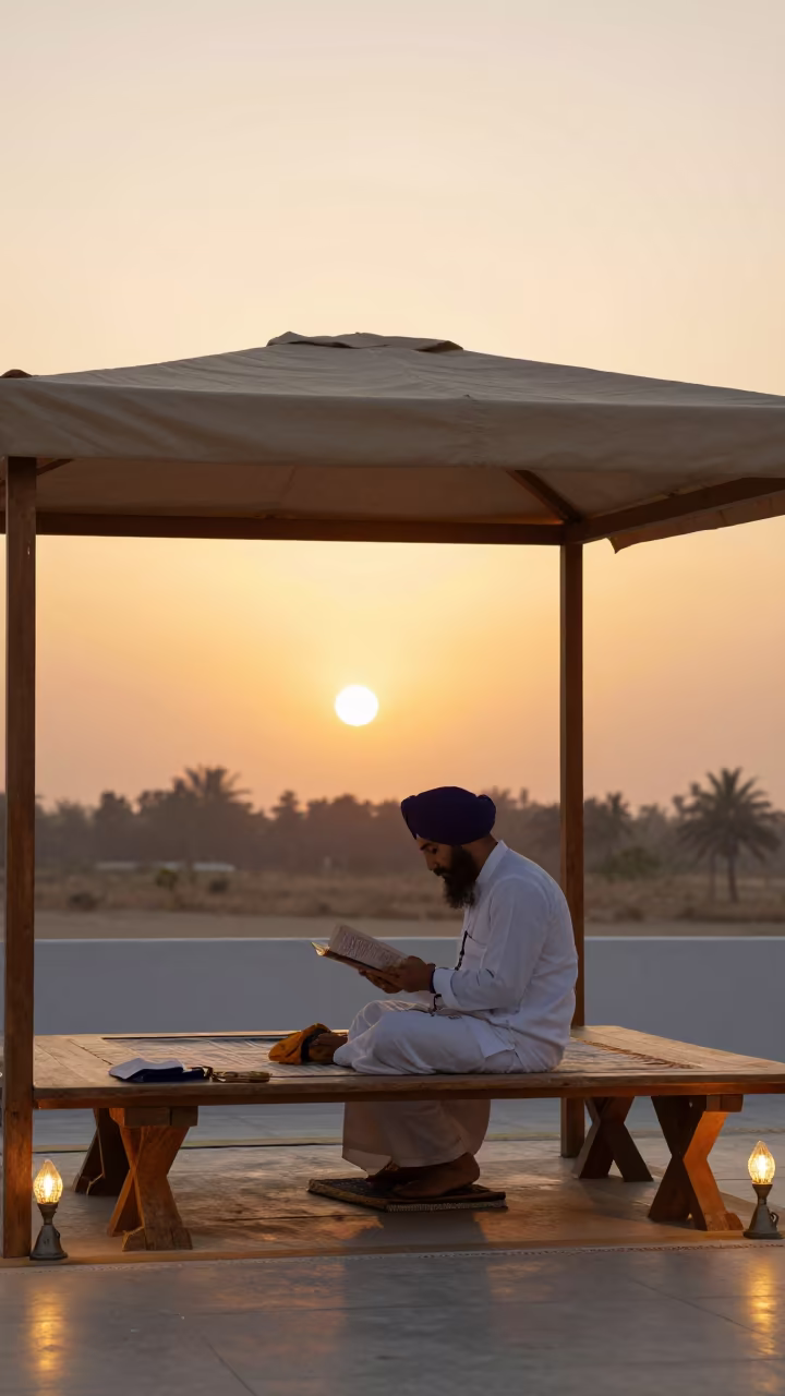 Sikh Granthi Reading Sacred Text at Golden Hour in on a wooden workbench near Victoria Seychelles