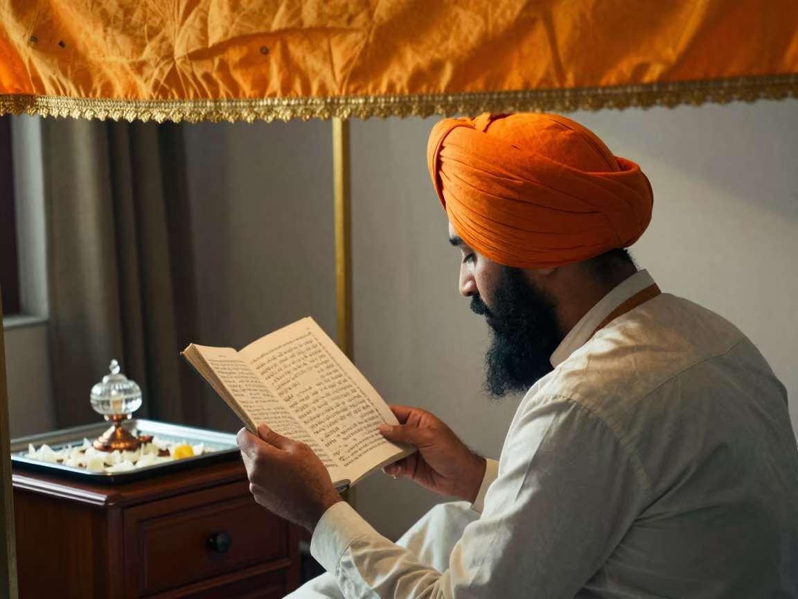 Sikh Granthi Reading Scripture on Bedside Table in on a bedside table near Villa Nueva