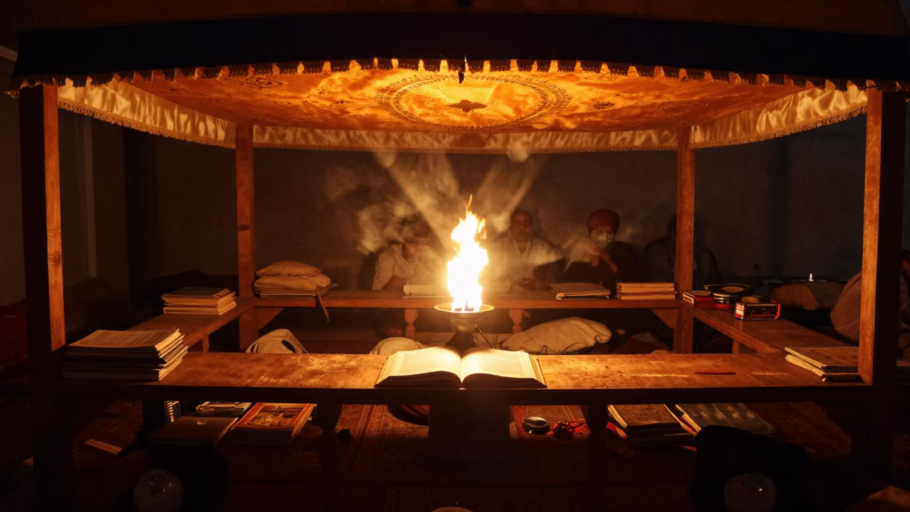 Sikh Granthi Reading Scripture Under Canopy in Xian Workshop in on a workshop shelf in Xian