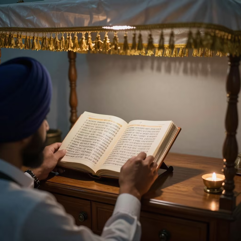 Sikh Granthi Reading Scripture Under Hotel Canopy in on a hotel dresser near Kemerovo